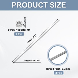 sourcing map Fully Threaded Rod M4 x 250mm 0.7mm Thread Pitch 304 Stainless Steel Right Hand Threaded Rods Bar Studs Long Threaded Screw With Screw Nuts 2 Pack