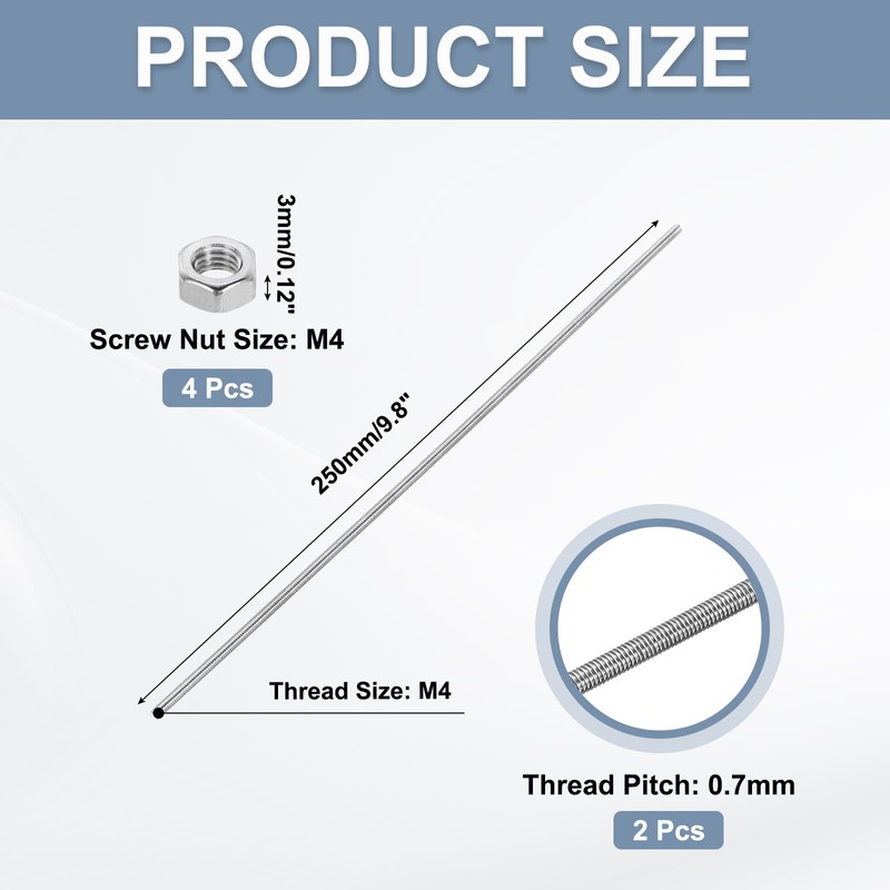 sourcing map Fully Threaded Rod M4 x 250mm 0.7mm Thread