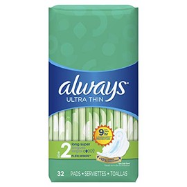 Always Ultra Thin, Size 2, Super Pads with Wings, Unscented, 32 Count