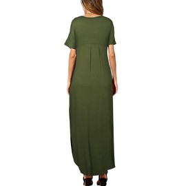 HUSKARY Women's Dresses V Neck Loose Short Sleeve Solid Long Split Tshirts Dress Casual Maxi Dress with Pockets Army Green X-Small