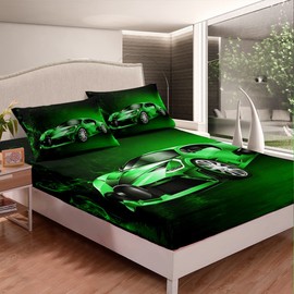 Sports Car Bed Sheet Set Green Race Car Bedding Sheets for Kids Boys Girls Extreme Sports Bedding Fitted Sheet Cool Speed Car Room 2Pcs Single Size