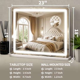 ROLOVE Vanity Mirror with Lights, 23"x18" Large Makeup Mirror with Lights, 10x Magnification, Wall Mounted LED Mirror for Bathroom, Dimmable Touch Control, Desk Mirror