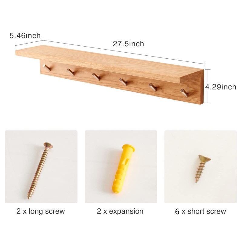 TRWISWDC Coat Rack Shelf Wall Mounted Oak Wood Entryway Shelf