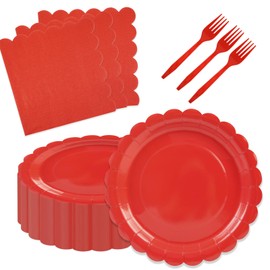 BOKFJBP 75Pcs Red Paper Plates-7 Inch Solid Color Scalloped Disposable Birthday Dinnerware Set Disposable Dinner Party Supplies for Graduation Wedding Baby Shower Table Decor