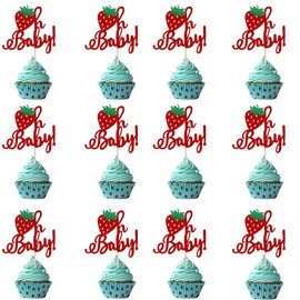 12 Pcs Red Glitter "Oh Baby!" Strawberry Cupcake Toppers - Sweet Baby Shower Decorations, Gender Reveal Party Supplies for Cakes, Cupcakes, & Fruit Displays