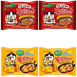 Hot & Spicy Noodle Fusion Combo [Samyang Hot Chicken Flavors] Carbo, Cheese, Corn Soup, and Spaghettis Flavors (CHEESE+SPAGETTI, 2+2)