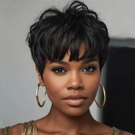 ATOZWIG Human Hair Black Short Curly Wigs Human Hair Wigs with Bangs Pixie Cut Wigs USA