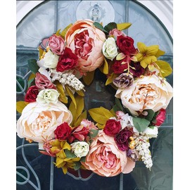 SogYupk Door Wreaths, 30CM Artificial Peony Flower Front Door Wreath for Spring Summer, All Seasons Floral Door Wreath for Farmhouse Office Home Wedding Party Decoration