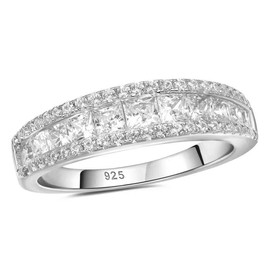 Wuziwen Princess Cut Half Eternity Band Rings for Women 925 Sterling Silver CZ Wedding Stackable Ring for Her SZ 6