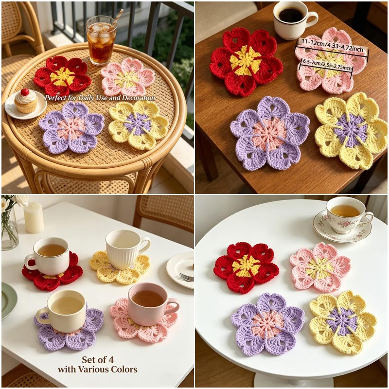 Crochet Flower Coasters for Drinks, 4 Pack Cute Cup Mats