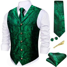 Barry.Wang Men Emerald Green Paisley V-neck Suit Vest Silk Jacquard Waistcoat Tie Clip Set for Tuxedo