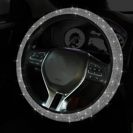 Bling - Funda para volante de coche, diseño de diamantes de imitación, universal, protector de volante de coche de 15 pulgadas para mujeres o niñas, fácil instalación y limpieza (blanco plateado)