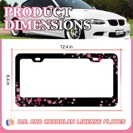 LIN KANG 2Pcs Pink Cherry Blossoms License Plate Frames Pink Floral Flowers Car Plate Holder Stainless Steel Material Rust-Proof Waterproof Car Decorative Tag Frames for Standard US 12x6 Inch