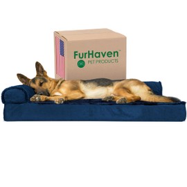Furhaven Pet Bed for Dogs and Cats - Plush and Velvet L-Shaped Chaise Egg Crate Orthopedic Dog Bed, Removable Machine Washable Cover - Deep Sapphire, Jumbo (X-Large)