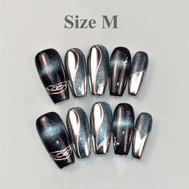 LIFOOST Nails Handmade Press On Medium Coffin Silver Blue Magnetic Cat Eye Fake Nail Luxury Star River False Nail Tips,10 Pcs Size Medium