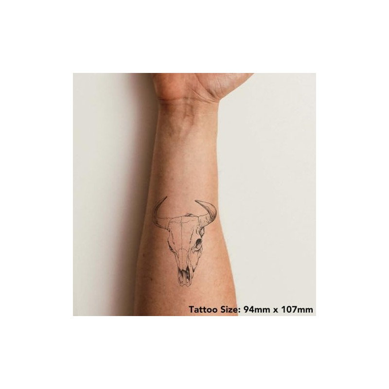 'Cow Skull' Temporary Tattoo - Water Resistant, Skin-Safe, Non-Toxic Transfer