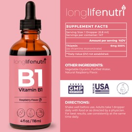 LongLifeNutri Vitamin B1 Liquid Drops - Thiamine Mononitrate Organic Supplement for Energy and Nerve Health, Fast Absorption, 4 FL OZ, 5-Month Supply, Lab Tested, Made in USA