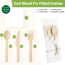 Reallnaive 30 Pack Pre Rolled Napkin and Wooden Cutlery Set 30 Pack Disposable Wrapped Utensils 30 Forks,30 Knives,30 Spoons with 30 Napkins Pre Wrapped Cutlery for Boho Party,Wedding,Events,Birthday