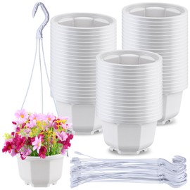Roshtia 50 Pcs 5.1 inch Plastic Hanging Plant Pots with Hooks Flower Pots Baskets Outdoor Hanging Nursery Planter Holder for Home Garden Balcony Porch(Gray White,5.1 inch)