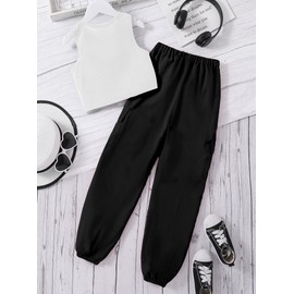 Ecolala Girls' 2 Piece Outfits Sleeveless Crop Tank Tops and Cargo Pants Clothing Set Black 7-8Y