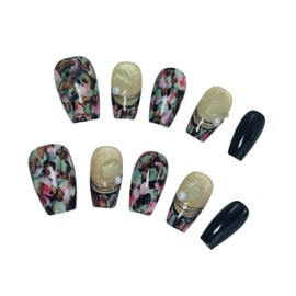 Short Coffin Press on Nails Handmade False Nails with Designs, 3D Hand-painted Reusable Fake Nails Stick on Nail (Floral Oil Painting, L)