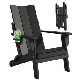 Adiromoti Folding Adirondack Chairs, All-Weather Resistant HDPE Patio Firepit Chairs, Sturdy Outside Chairs with Cup Holder, Pre-Installed Lawn Chairs Load Capacity 385lb for Backyard, Black