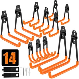 14 Pack Garage Hooks Heavy Duty,Utility Steel Garage Storage Hooks,Wall Mount Garage Hanger&Organizer for Organizing Power Tools,Ladders,Bulk Items,Bikes,Ropes and More Equipment - Colour: Black