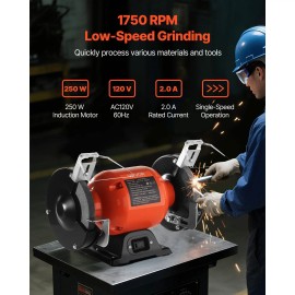 Single Speed 6-inch Bench Grinder with 1750RPM Low-Speed Table 250W 2A Induction Motor 36/60-Grit GripsMax. Power: 250 W, Speed Range: 1750 rpm
