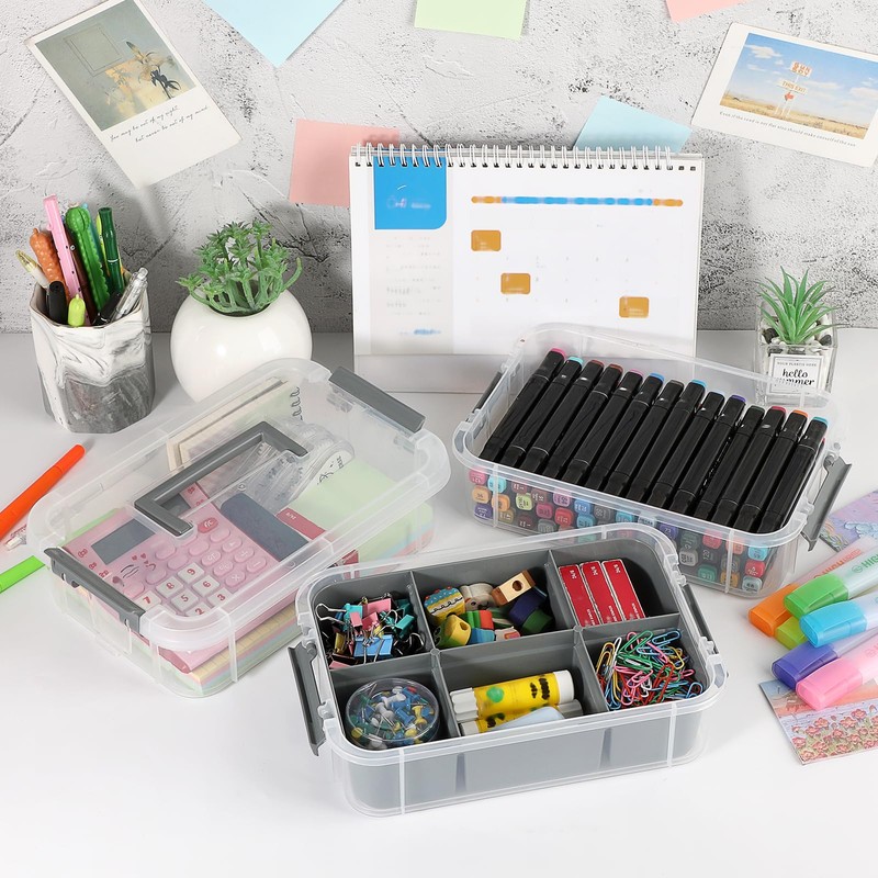 JUXYES 2 Pack 3-Tiers Stack Carry Storage Box With Divided