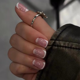 French Tip Press on Nails Short Square Fake Nails with Designs Short Glue on Nails White French False Nails Gel Artificial Acrylic Nails Kit Ombre Full Cover Stick on Nails for Women 24Pcs