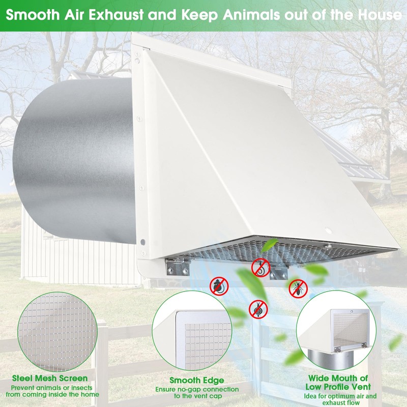 8 Inch Hooded Wall Vent with Screen and Damper,Outdoor Wall