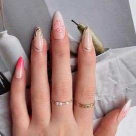 24Pcs French Tip Press on Nails Medium Almond Fake Nails with Pink Gradient Design Gold Line False Nails Full Cover Glue on Nails Glossy Artificial Nails Stick on Nails for Women Girl Nail Decoration