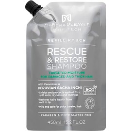 MARTHA DEBAYLE Shampoo REFILL POUCH RESCUE & RESTORE. Brillo hidratado para cabello áspero y maltratado. Con ceramidas y Sacha Inchi Peruano. Sin parabenos y ftalatos. 450 m