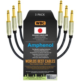 WORLDS BEST CABLES 3 Units - 12 Inch - Pedal, Effects, Patch, Instrument Cable Custom Made Using Mogami 2319 Wire & Amphenol ACPM-GN-AU M-Series Straight Gold TS Plugs