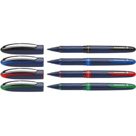 Schneider One Business Rollerball Pen, 0.6 mm Ultra-Smooth Tip, Blue Barrel, Four-Pack, One Each of: Black, Red, Blue, Green (183094)