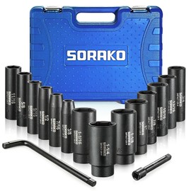 Impact Socket Set 1/2” Drive, 16 PCS SAE Deep Socket Set Include Large Socket Set and 5” Extension Bar & 10” L Handle, SORAKO 6 Point Cr-V Steel Drive Socket Set with Sturdy Case