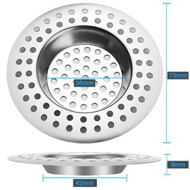 Set of 2 Stainless Steel Sink Strainer Plug, Drain Protector for Kitchen, Bathroom, and Shower - Hair/Food Catcher (7.5cm Outer Diameter, 3.6cm Inner Diameter)