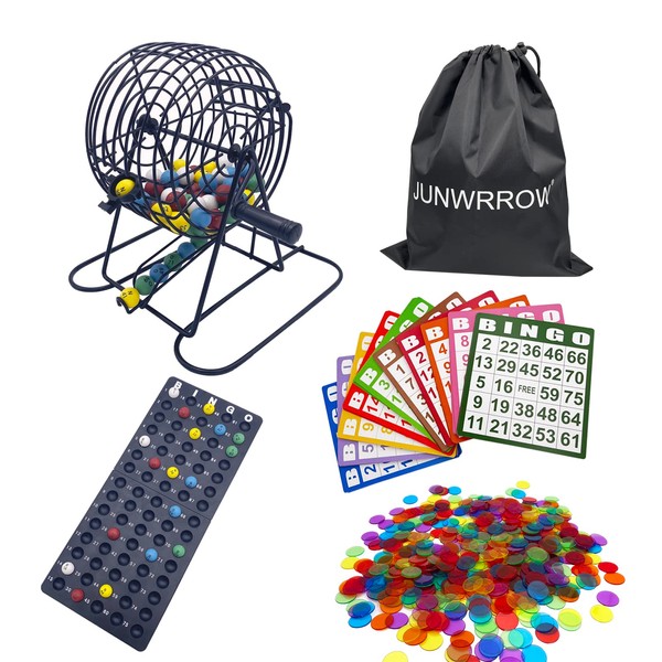 JUNWRROW Deluxe Bingo Set- Includes 1000 Colorful Chips with a Bag,100 Mixed Cards,75 Calling Balls with a Bag, 6 Inch Rotary Bingo Cage& Bingo Master Board,Bingo Storage Bag -Ideal for Large Groups