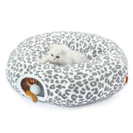 Nxwjoy Cat Tunnel for Indoor Cats Donut Tunnels Bed 35.5 Inch XL Cute Tubes Round Pet Play Tunnel Toy for Kitten Puppy Rabbit with Washable Circle Cushion Leopard Grey