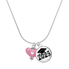Delight Jewelry Silvertone Hot Pink Enamel Heart with Cutout Script Class of 2025 Dome Charm Necklace, 18"