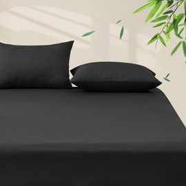 LINENOVA 3-Piece Bamboo Fitted Sheet Set - Queen, 2000TC Ultra Soft & Breathable, Ideal for Hot Sleepers 40cm Deep Pocket, Includes 2 Pillowcases (48x74cm) - Black