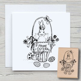 Newstamps Happy Easter Rabbit Basket Motif Stamp Large Wooden & Rubber for Cards and Gifts Crafts, Wooden Stamp for Easter, Easter Bunny, Scrapbook, Textile Stamp, Decoration, Children