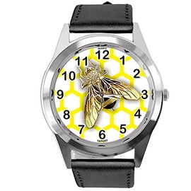 TAPORT® Black Leather Round Quartz Watch for BEE Fans