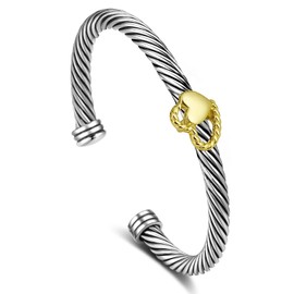 HANTNOOL Cable Bracelet for Women, Fashion Cross Heart Two Tone Cuff Bracelet Mixed Metal Dupes Adjustable Bracelet Jewelry Gifts for Her (Double Heart)