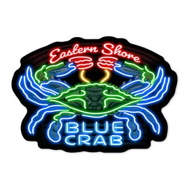 Die Cut Sticker Eastern Shore, Virginia, Blue Crab Neon Sign, Contour Vinyl Sticker 3 to 6 inches, (Waterproof Decal for Cars, Water Bottles, Laptops, Coolers), Large