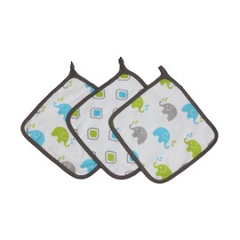 Bacati - Elephants Muslin Set of 3 Wash Cloths (Aqua/Lime/Grey)