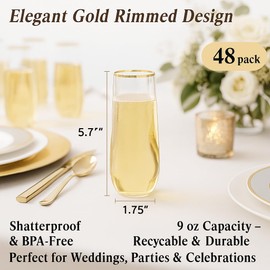 Oojami 48-Pack Gold Rimmed Stemless Plastic Champagne Flutes – 9 Oz Clear Disposable Toasting Glasses – Bulk BPA-Free Recyclable Shatterproof Event Supplies for Weddings, Parties & Celebrations