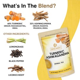 BREWIX, Turmeric Ashwagandha Herbal Tea Bags (20 Pyramid Tea Bags) Adaptogenic Herbs for Stress & Mood Support | Evening Calm & Sleep Support | Real Ingredients From India, Caffeine Free & Naturally Gluten Free | 100% Pure Herbal Blend Packed in Resealable Ziplock Pouch