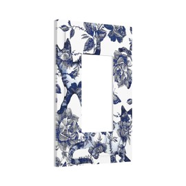 HIZUWKY Blue Cat 1 Gang Single Rocker Flower Light Switch Cover Butterfly Floral Wall Plate Decorative Vintage Socket Covers Electrical Outlets Faceplate for Bathroom Living Room