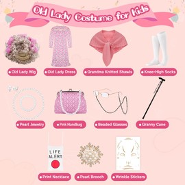 VillbeCoser 100 Days of School Old Lady Costume Set Grandma Dress Up Cosplay Accessories for Girls 13PCS PinkRose M